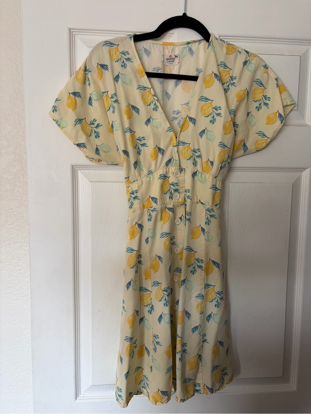 MARINE LAYER Lemon Print Cream Button-Front Summer Babydoll Dress